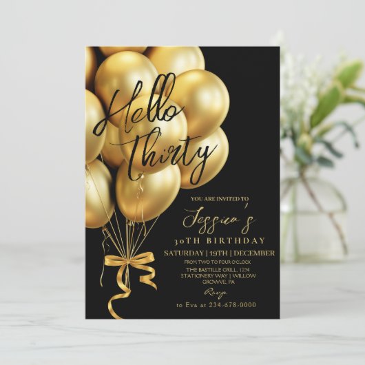 Invitation Modern Gold Script Black Hello Thirty Birthday (Debout devant)