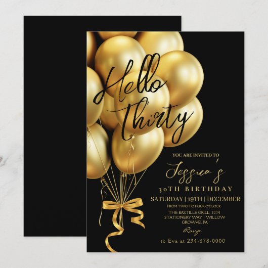 Invitation Modern  Gold Script Black Hello Thirty Birthday (Devant / Derrière)