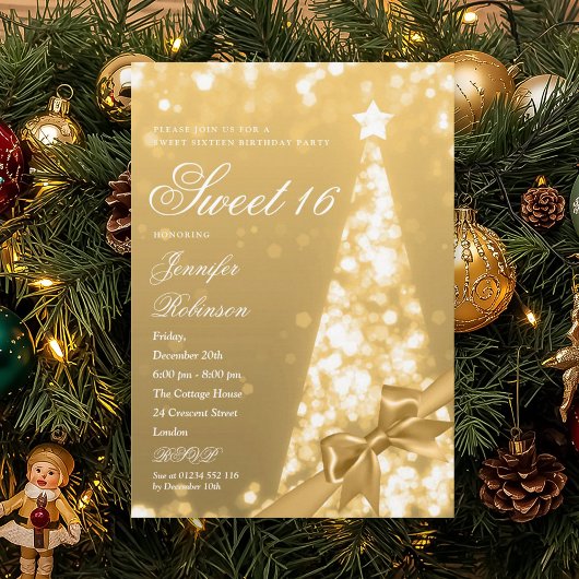 Invitation Modern Gold Xmas Tree Bow Sweet 16 Birthday Party