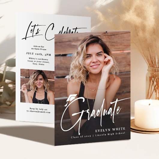 Invitation Modern Grad Cap Script 4 Photo Simple Graduation