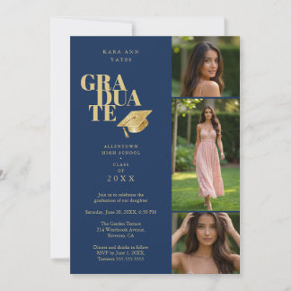 Invitation Modern Graduate Collage 3-Photos Navy Blue & Gold