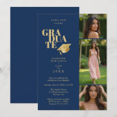 Invitation Modern Graduate Collage 3-Photos Navy Blue & Gold (Devant / Derrière)