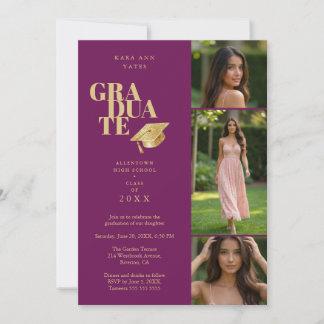 Invitation Modern Graduate Collage 3-Photos Plum & Gold