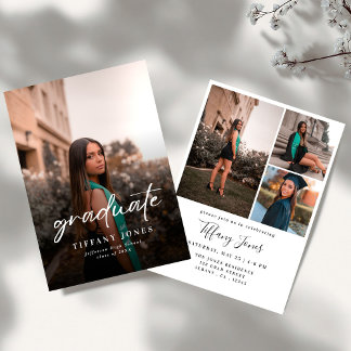 Invitation Modern Graduate White Script 4 Photos Graduation  