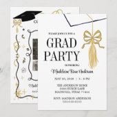 Invitation Modern Graduation Cap  and Tassel Photo Gold (Devant / Derrière)