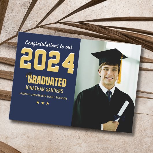 Invitation Modern Graduation Party with 1 Photo in Blue