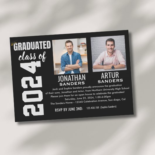 Invitation Modern Graduation Party with 2 Photos in Black