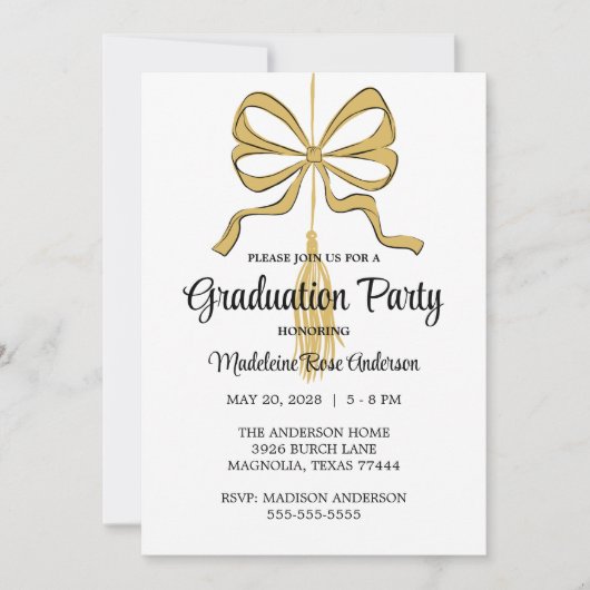 Invitation Modern Graduation Tassel and Bow Gold (Devant)