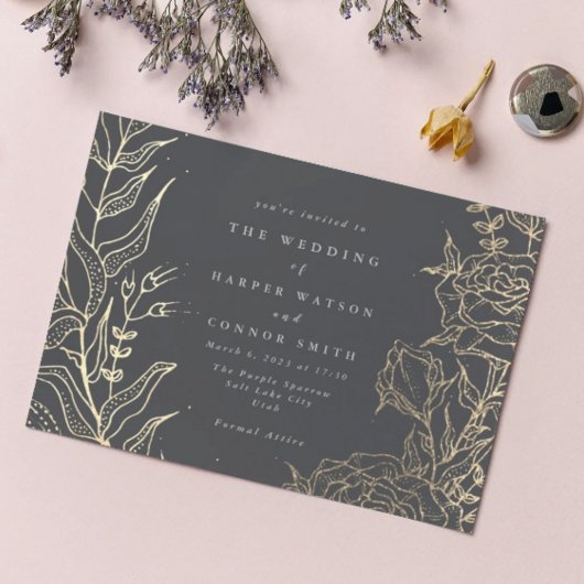 Invitation  Modern Gray Iron Ore Gold Elegant Pampas Wedding