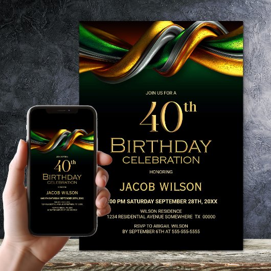 Invitation Modern Green and Gold 40th Birthday Party
