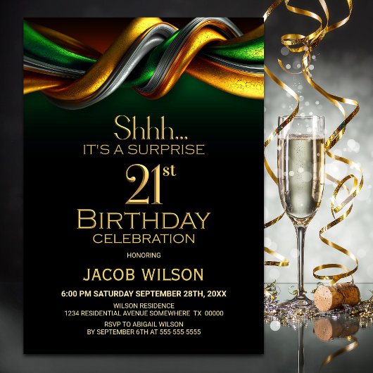 Invitation Modern Green and Gold Surprise 21st Birthday Party
