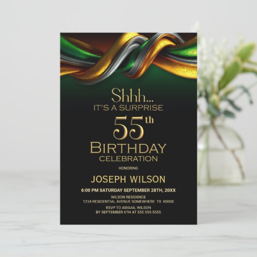 Invitation Modern Green and Gold Surprise 55th Birthday Party (Debout devant)