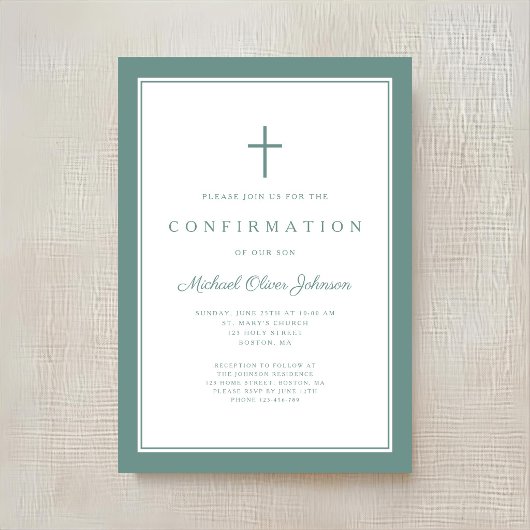 Invitation Modern Green Cross Boy Confirmation
