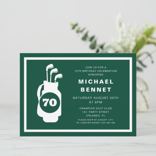 Invitation Modern Green Golf 70th Birthday (Debout devant)