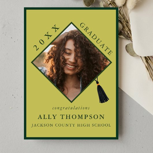 Invitation Modern Green Graduation Cap Photo Announcement