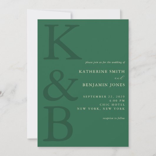 Invitation Modern Green Monogram Minimalist Wedding (Devant)
