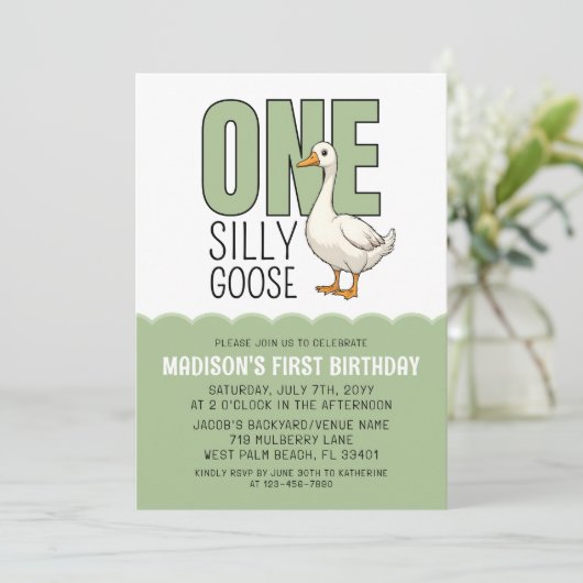 Invitation Modern Green One Silly Goose 1st Birthday  (Debout devant)
