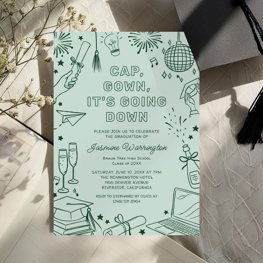 Invitation Modern Green Whimsical Doodle Graduation