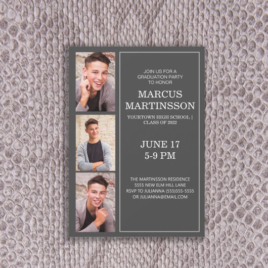 Invitation Modern Grey 3 Photo Graduation Party
