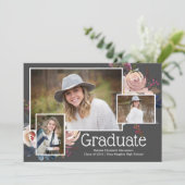 Invitation Modern Grey Trois Photo Floral Graduation Party (Debout devant)