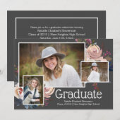 Invitation Modern Grey Trois Photo Floral Graduation Party (Devant / Derrière)