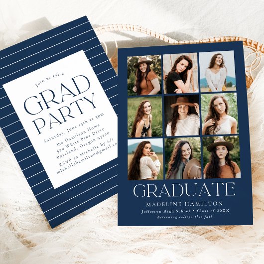 Invitation Modern Grid Navy 9 Photo Collage Party de graduati
