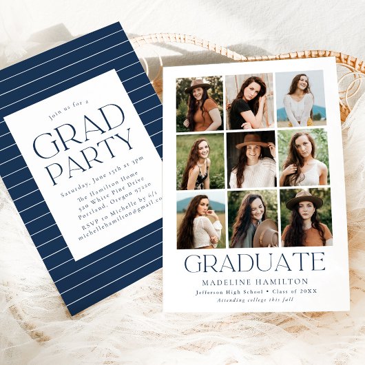 Invitation Modern Grid Navy 9 Photo Collage Party de graduati