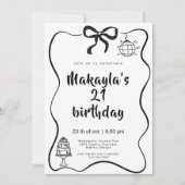 Invitation Modern Hand-Drawn Black Bow 21th Birthday (Devant)