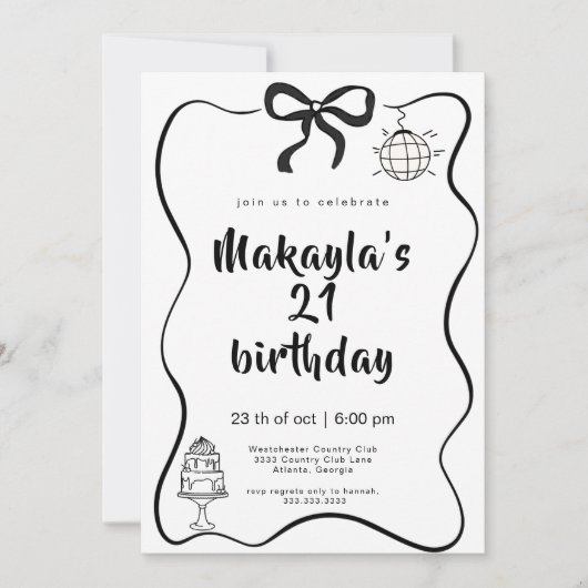 Invitation Modern Hand-Drawn Black Bow 21th Birthday (Devant)