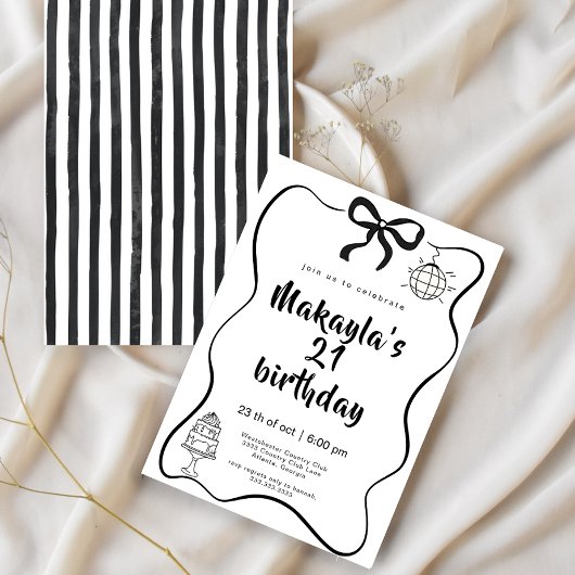 Invitation Modern Hand-Drawn Black Bow 21th Birthday
