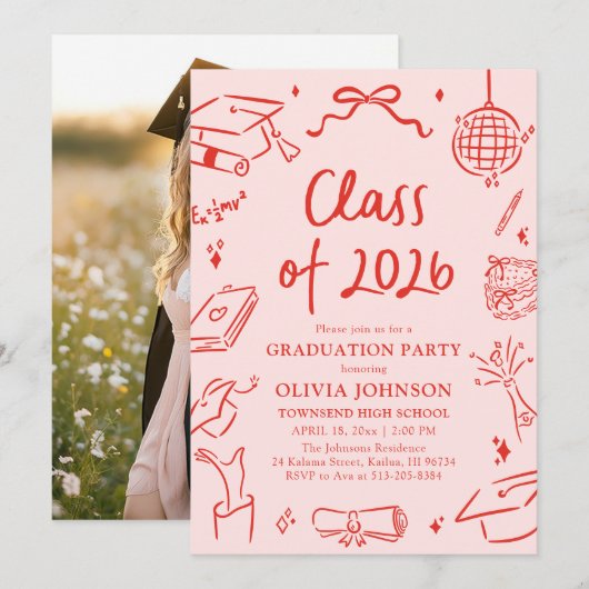 Invitation Modern Hand Drawn Class of 2026 Graduation Party (Devant / Derrière)