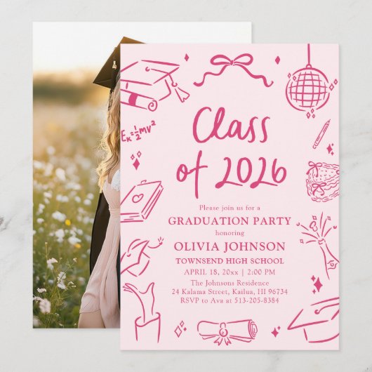 Invitation Modern Hand Drawn Class of 2026 Graduation Party (Devant / Derrière)