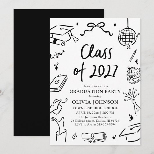 Invitation Modern Hand Drawn Class of 2027 Graduation Party (Devant / Derrière)