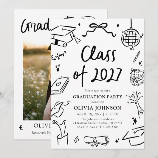 Invitation Modern Hand Drawn Class of 2027 Graduation Party (Devant / Derrière)