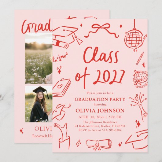 Invitation Modern Hand Drawn Class of 2027 Graduation Party (Devant / Derrière)