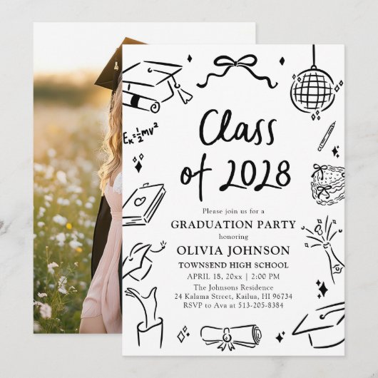 Invitation Modern Hand Drawn Class of 2028 Graduation Party (Devant / Derrière)