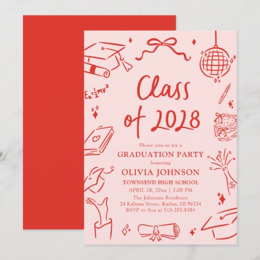 Invitation Modern Hand Drawn Class of 2028 Graduation Party (Devant / Derrière)