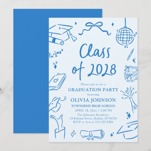 Invitation Modern Hand Drawn Class of 2028 Graduation Party (Devant / Derrière)