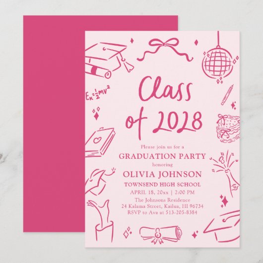 Invitation Modern Hand Drawn Class of 2028 Graduation Party (Devant / Derrière)