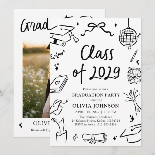 Invitation Modern Hand Drawn Class of 2029 Graduation Party (Devant / Derrière)