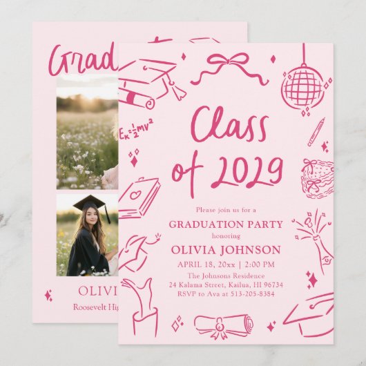 Invitation Modern Hand Drawn Class of 2029 Graduation Party (Devant / Derrière)