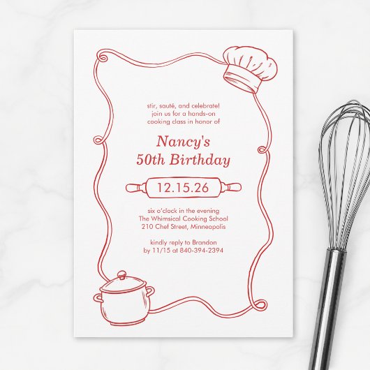 Invitation Modern Hand Drawn Cooking Class Red Birthday