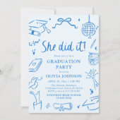 Invitation Modern Hand Drawn She did it Blue Graduation Party (Devant)