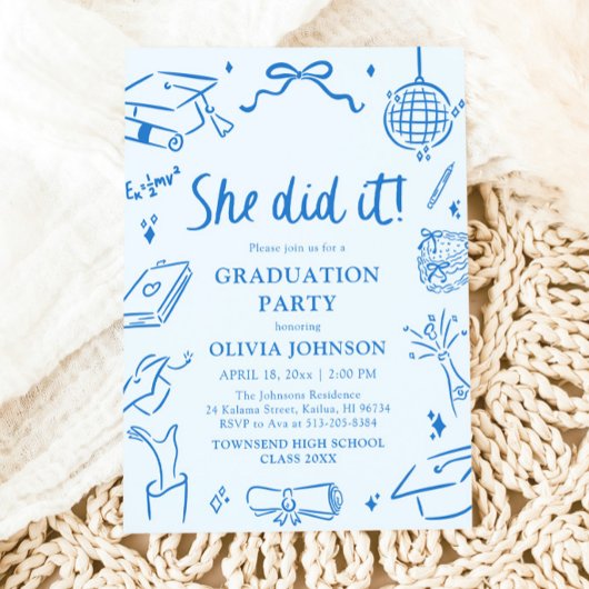 Invitation Modern Hand Drawn She did it Blue Graduation Party
