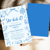 Invitation Modern Hand Drawn She did it Blue Graduation Party