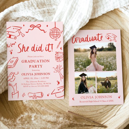 Invitation Modern Hand Drawn She did it Graduation Party