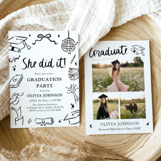 Invitation Modern Hand Drawn She did it Graduation Party