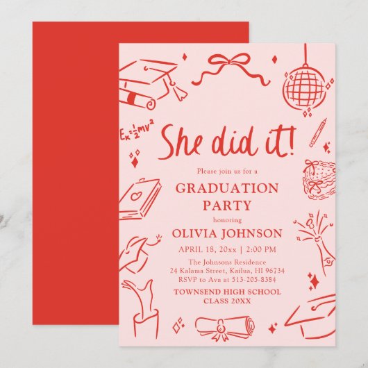 Invitation Modern Hand Drawn She did it Graduation Party (Devant / Derrière)