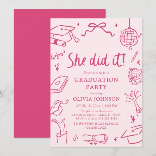 Invitation Modern Hand Drawn She did it Pink Graduation Party (Devant / Derrière)