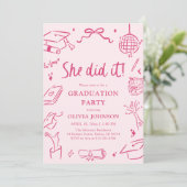 Invitation Modern Hand Drawn She did it Pink Graduation Party (Debout devant)